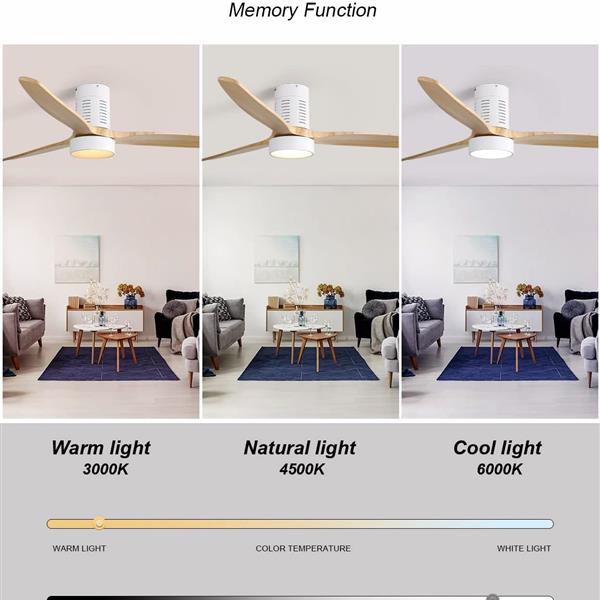 52 Inch Indoor Flush Mount Ceiling Fan With 3 Solid Wood Blades Remote Control Reversible DC Motor With Led Light