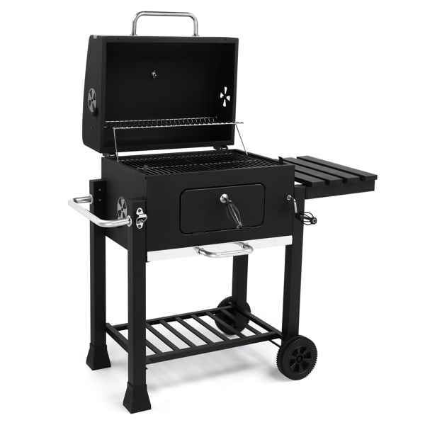 Charcoal Grill with Foldable Side Table and Wheels, Heavy-duty BBQ Grill for Outdoor Picnics Patio Garden and Backyard Grilling