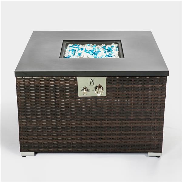 Outdoor Gas Fire Pit  Square Dark Brown Wicker Fire Pit Table Propane Fire Table with Glass Rocks