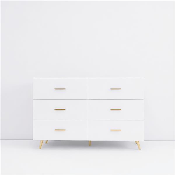 High Glossy Surface 6 Drawers Chest of Drawer with Golden Handle and Golden Steel Legs White Color Vanity