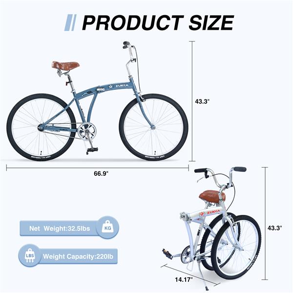 Single Speed Folding Bicycles,  Multiple Colors 26"Inch  Beach Cruiser Bike