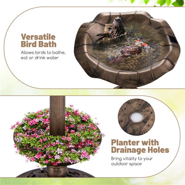 Bronze Standing Pedestal Birdbath and Feeder Combo with Solar Powered Lamp