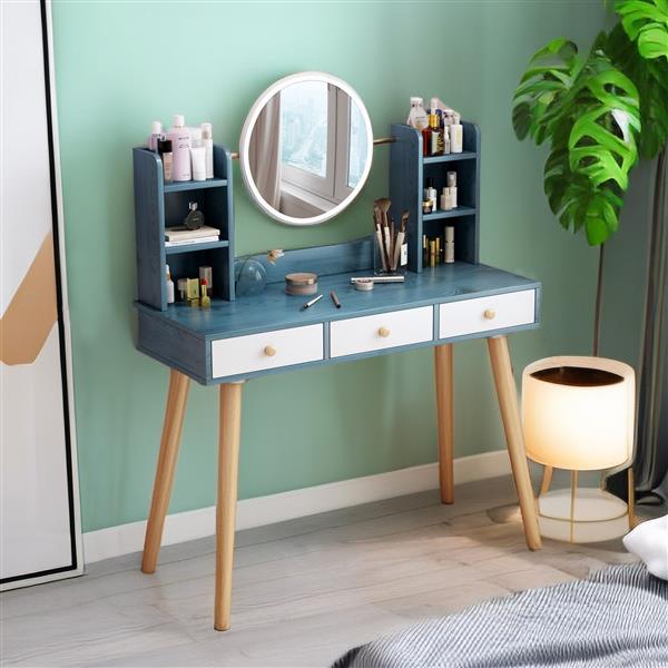 Fashion Vanity Desk with Mirror and Lights for Makeup Vanity Mirror with Lights  with 3 Color Lighting Brightness Adjustable, 3 Drawers, Blue  Color