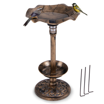 Bronze Standing Pedestal Birdbath and Feeder Combo with Solar Powered Lamp