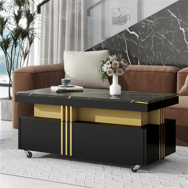 [VIDEO provided] Contemporary Coffee Table with Faux Marble Top, Rectangle Cocktail Table with Caster Wheels, Moderate Luxury Center Table with Gold Metal Bars for Living Room, Black