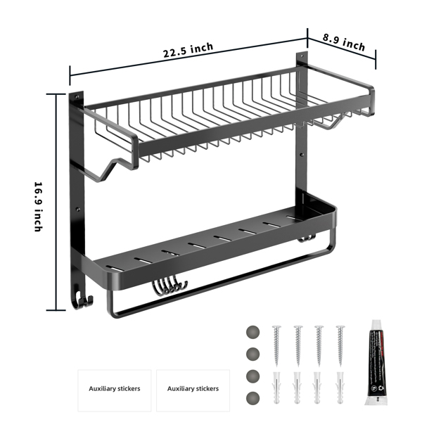 Dual Tier Towel Rack Wall Mounted,Towels Shelf with Large Capacity Basket, 24" Rod Bars,7 Hooks,Rustproof Towel Holder for Easy Mounting in Bathroom, Hotel, or Modern Lavatory,Grey