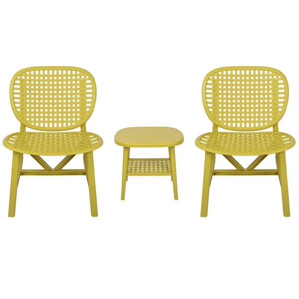 3 Pieces Hollow Design Patio Table Chair Set All Weather Conversation Bistro Set Outdoor Coffee Table with Open Shelf and Lounge Chairs with Widened Seat for Balcony Garden Yard Yellow