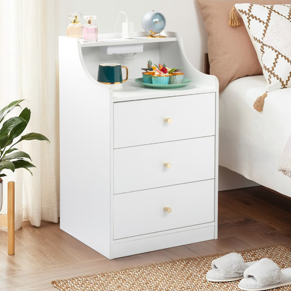 FCH white particleboard with triamine matt gold tapered handle 45*35*73cm three drawers with compartments bedside table 1 wireless + 2 USB ports + 2 US standard three-plug ports