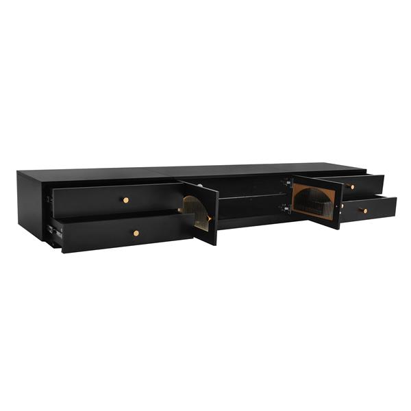 Luxurious TV Stand with Fluted Glass Doors, Elegant and Functional Media Console for TVs Up to 95'', Tempered Glass Shelf TV Cabinet with Multiple Storage Options, Black