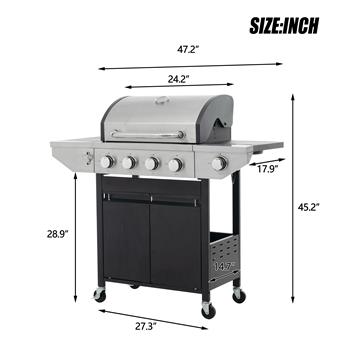 Propane Grill 4 Burner Barbecue Grill Stainless Steel Gas Grill with Side Burner and Thermometer for Outdoor BBQ, Camping