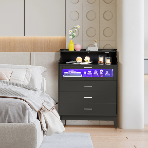 Particleboard Wood 4 Drawers with Shelf & LED Light Strips & Charging Station & USB Ports Dresser Bed Table Black