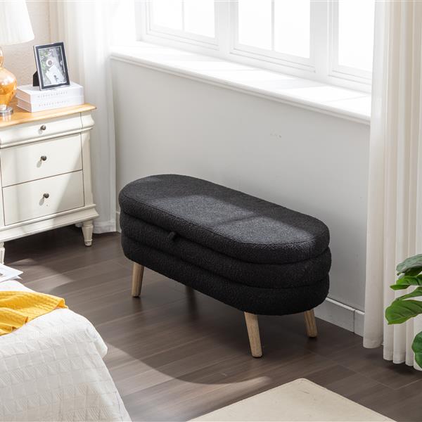 036-Boucle Fabric Storage Bench Bedroom Bench With Wood Legs For Living Room Bedroom Indoor,Black