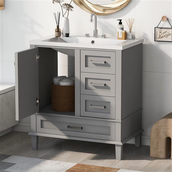 30" Bathroom Vanity , Modern Bathroom Cabinet with Sink Combo Set, Bathroom Storage Cabinet with a Soft Closing Door and 3 Drawers, Solid Wood Frame(Grey)