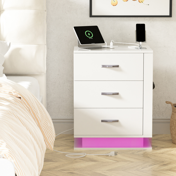 RGB LED With with Charging Station and USB Ports 3 Drawer Side Cabinet Bedside Table Nightstand Left Side White