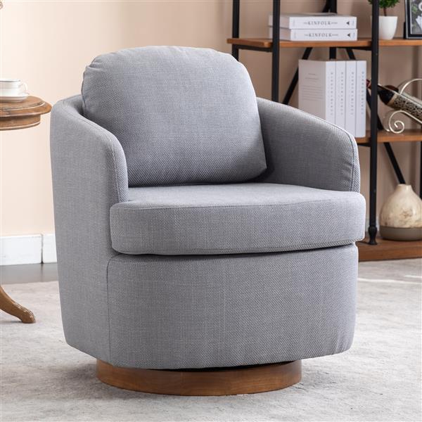 035-Linen Fabric Swivel Accent Chair With Soild Wood Round Brown Base Leg,Light Blue