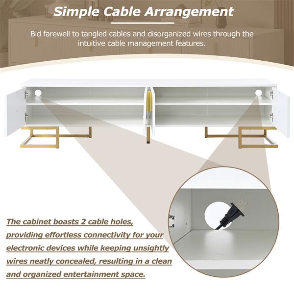 Modern TV Stand with Metal Legs and Gold Handles for TVs Up to 80'', Media Console Table with Cabinets and Adjustable Shelves, Luxury TV Cabinet with Geometric Lines for Living Room, White