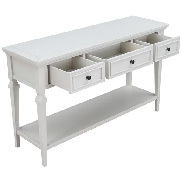 Classic Retro Style Console Table with Three Top Drawers and Open Style Bottom Shelf, Easy Assembly (Antique White)