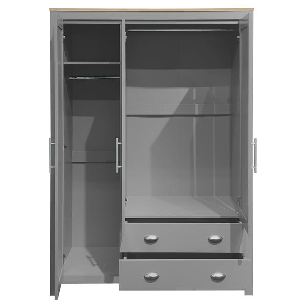 Three Door Storage Wardrobe with Cabinets and Two Hanging Rods,Gray