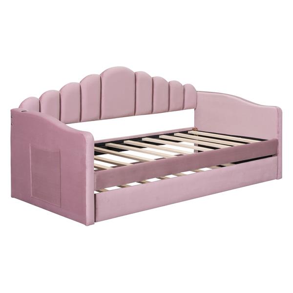 Twin size Upholstered Daybed with Trundle ,Velvet Sofabed with USB Charging Ports,No Box-spring Needed,Pink