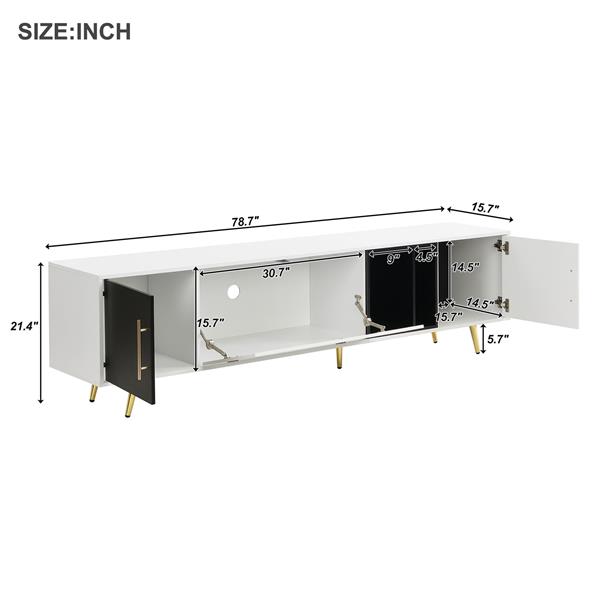 Stylish TV Stand with Golden Metal Handles&Legs, Two-tone Media Console for TVs Up to 80", Fluted Glass Door TV Cabinet with Removable Compartment for Living Room, White