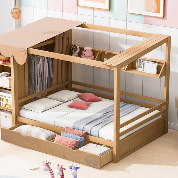 Full size House Bed with Two Drawers and Wardrobe,Natural