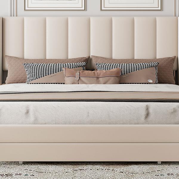 Queen Size Storage Bed Velvet Upholstered Platform Bed with a Big Drawer - Beige