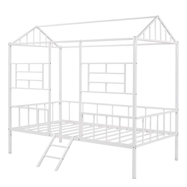 Metal House Bed Frame Twin Size with Slatted Support No Box Spring Needed White