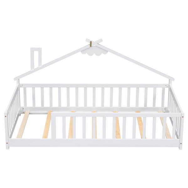 Twin House-Shaped Bedside Floor Bed with Guardrails, Slats, without Door,White