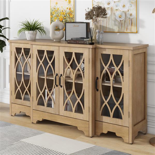 Retro Sideboard Glass Door with Curved Line Design Ample Storage Cabinet with Black Handle and Three Adjustable Shelves for Dining Room and Kitchen (Natural Wood)