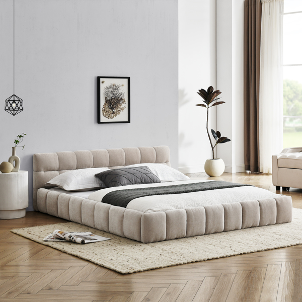 Queen Size Upholstered Bed Frame with Thick Fabric, Chenille Fabric Grounded Queen Size Platform Bed with Headboard and Solid Frame. No Box Spring Needed, Beige(68''*86.5''*23.5'')