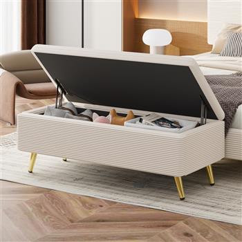 Modern Corduroy Upholstered Ottoman with Metal Legs, Storage Bench for Bedroom,Living Room,Beige