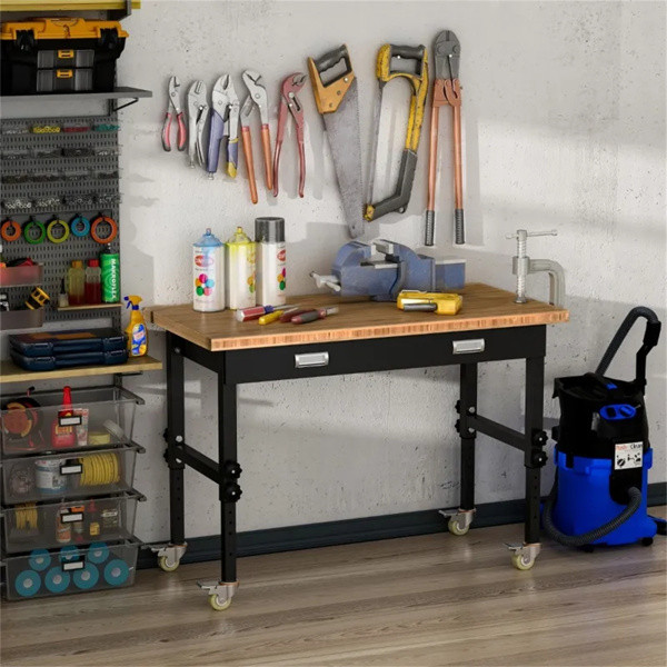 47" Garage Work Bench with Drawer and Wheels, Height Adjustable Legs, Bamboo Tabletop Workstation Tool Table