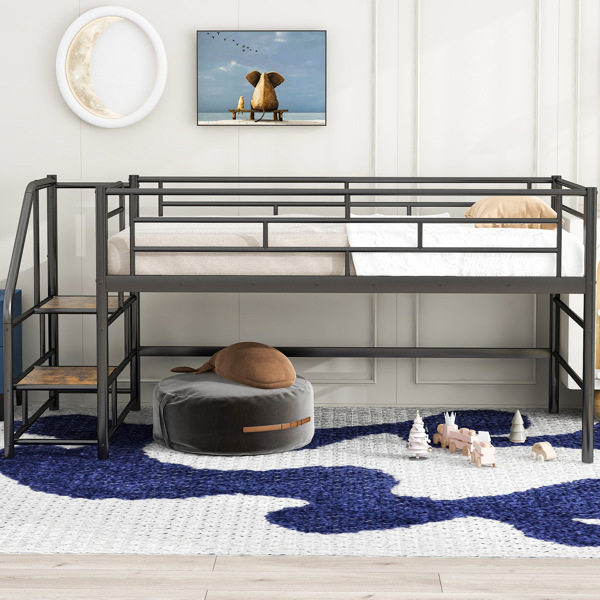 Mid Loft Bed with Storage stairs, Twin, Black