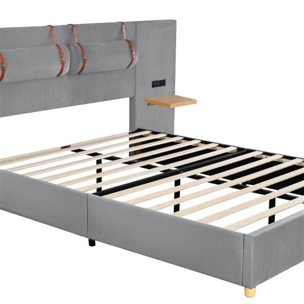 Queen Upholstered Platform Bed, Two Outlets and USB Charging Ports on Both Sides, Two Bedside Pillows, Storage Shelves, Gray