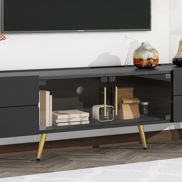 Modern TV Stand with LED lights for TVs up to 80 Inches, Entertainment Center with 4 Drawers and 1 Cabinet with Brown Glass Door, Media Console with Metal Legs and Handles for Living room