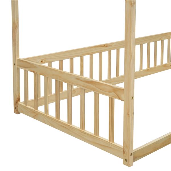 Twin Size Canopy Frame Floor Bed with Fence, Guardrails,Natural