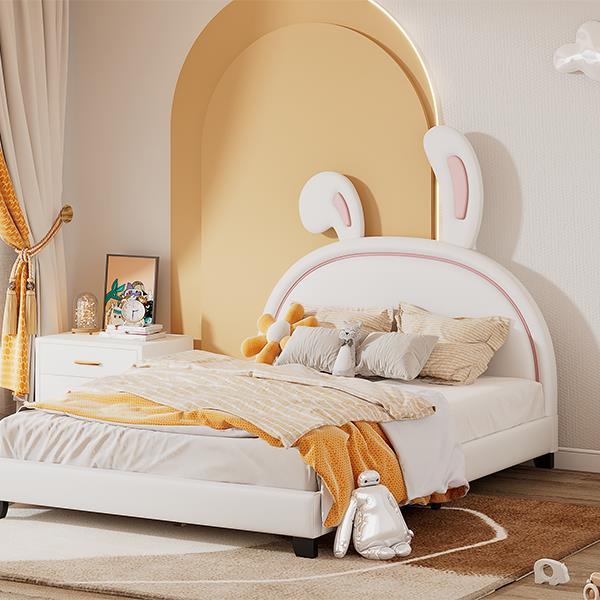 Full Size Upholstered Leather Platform Bed with Rabbit Ornament, White