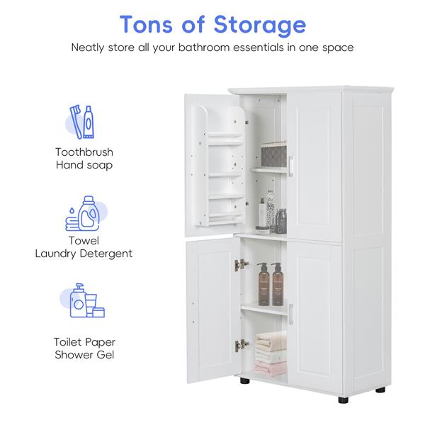 Tall and Wide Bathroom Floor Storage Cabinet, Bathroom Storage Unit, Freestanding Cabinet with 4 Doors, Adjustable Shelves, White