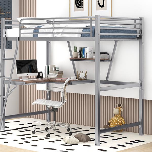 Twin Size Loft Metal&MDF Bed with Desk and Shelf, Silver