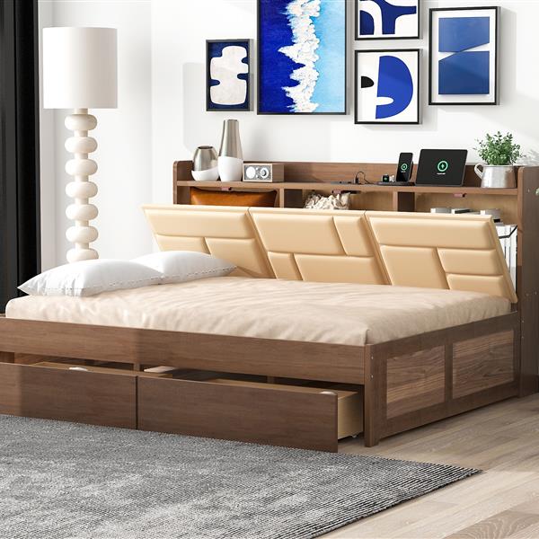 Full Size Wood Daybed with Upholstered Storage Shelves, USB Ports and 2 Drawers, Wood Color