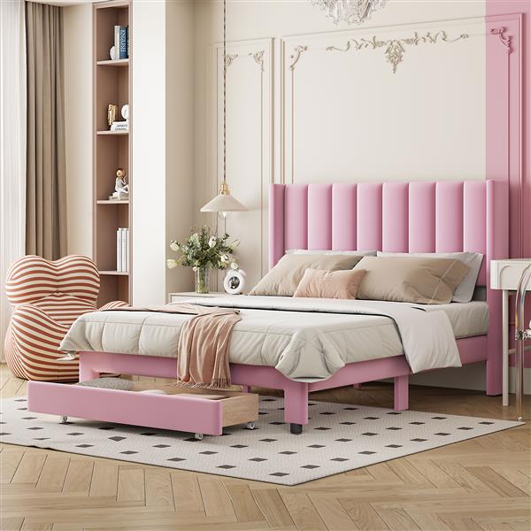 Full Size Storage Bed Velvet Upholstered Platform Bed with a Big Drawer - Pink