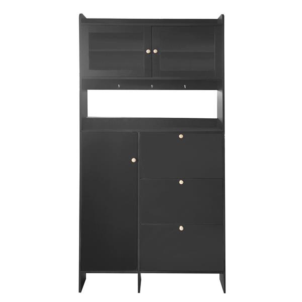 [VIDEO provided] Shoe Cabinet with Open Storage Space, Practical Hall Tree with 3 Flip Drawers, Multi-functional & Integrated Foyer Cabinet with Tempered Glass Doors for Hallway, Black