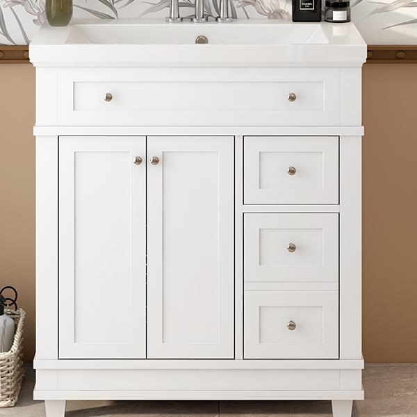 30" Bathroom Vanity Cabinet with Sink Combo Set, Undermount Resin Sink, Free Standing Vanity Set with 2 Drawers& Soft Closing Doors, Solid Wood Frame Bathroom Cabinet, White