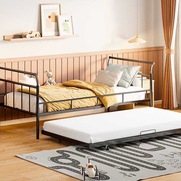 Twin Size Metal Daybed with Curved Handle Design and Twin Size Trundle, Black