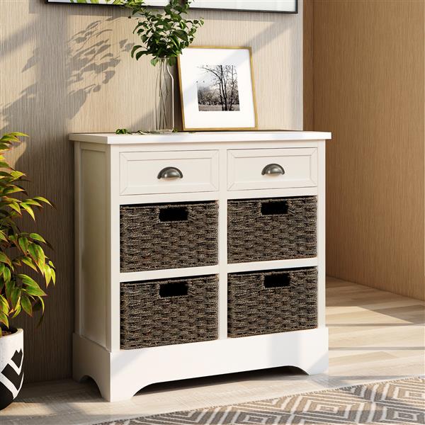 Rustic Storage Cabinet with Two Drawers and Four  Classic Rattan Basket for Dining Room/Living Room (White)