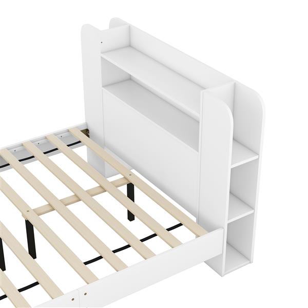 Full Size Platform Bed with Storage Headboard,Multiple Storage Shelves on Both Sides,White