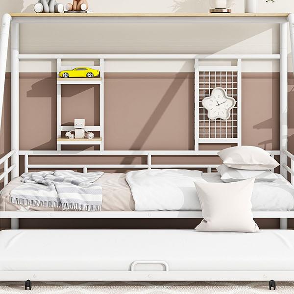 Twin Size Metal House Bed with Trundle, White