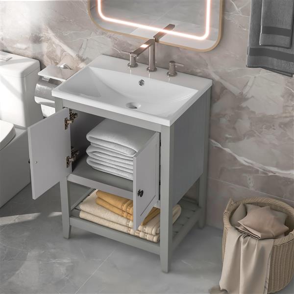 [VIDEO] 24" Grey Modern Sleek Bathroom Vanity Elegant Ceramic Sink with Solid Wood Frame Open Style Shelf