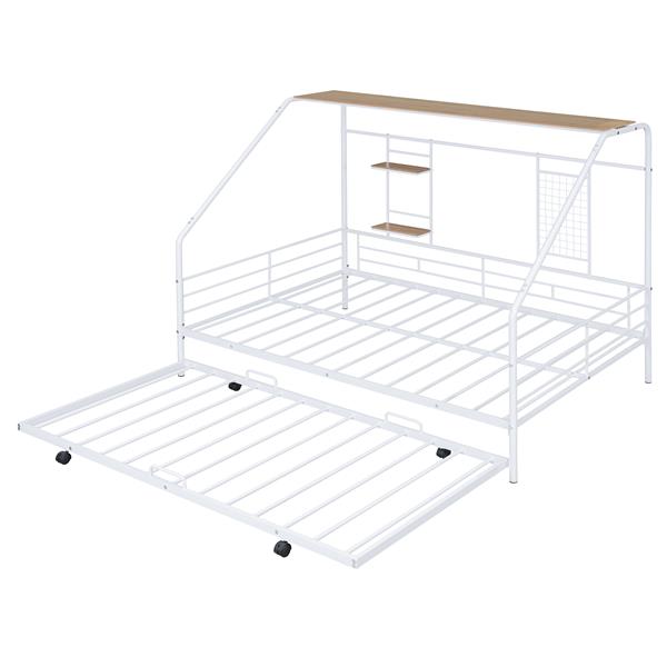 Full Size Metal House Bed with Trundle, White