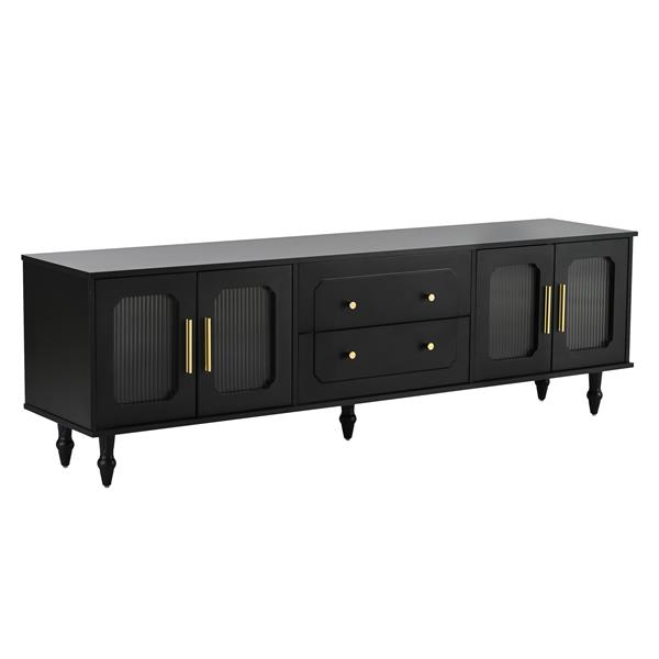 Retro Design TV Stand with Fluted Glass Doors for TVs Up to 78'', Practical Media Console with 2 Drawers and Cabinets, Elegant Entertainment Center for Living Room, Black